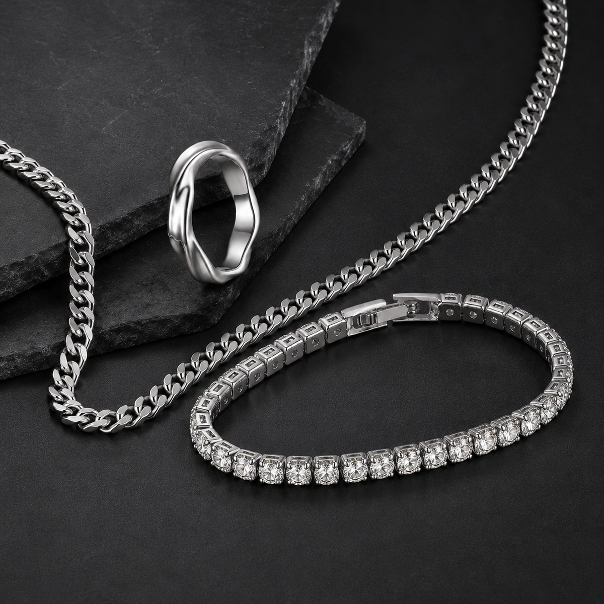 Silver-tone ring, Cuban necklace and tennis bracelet jewelry set – ACSRY product photo