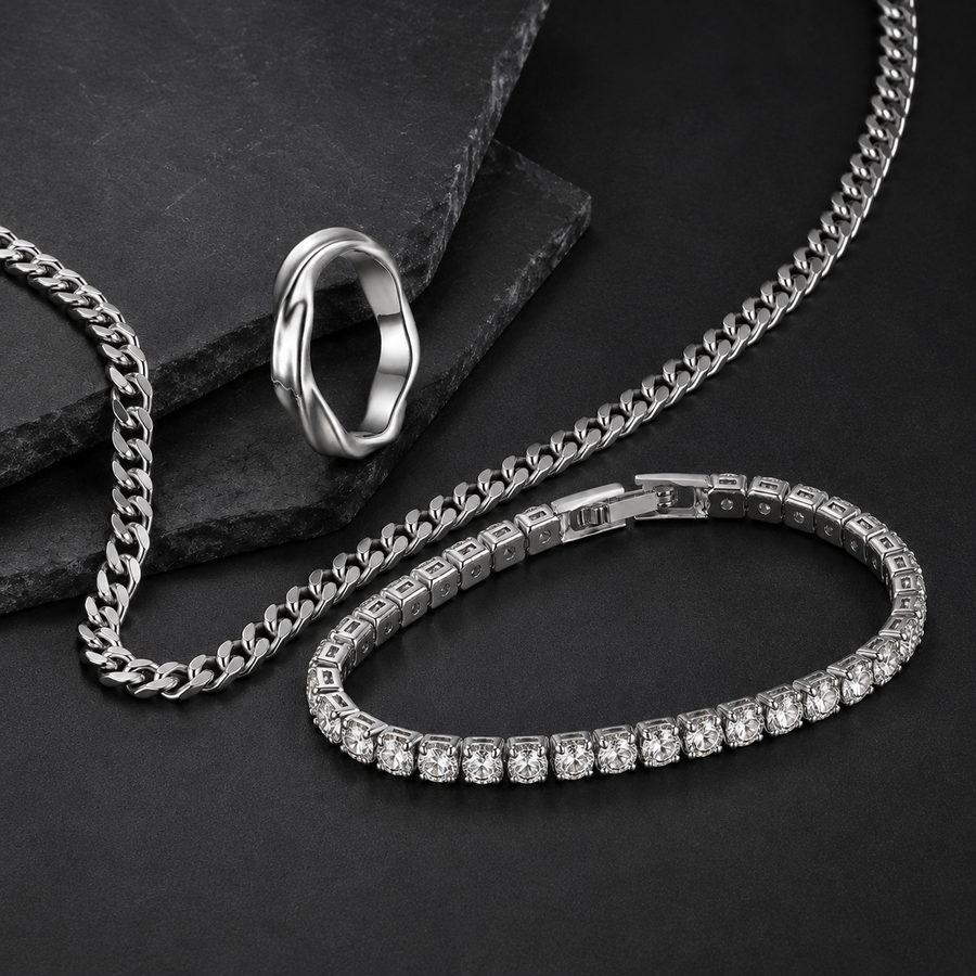 Silver-tone ring, Cuban necklace and tennis bracelet jewelry set – ACSRY product photo