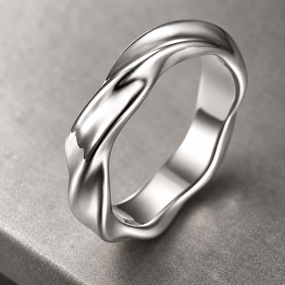 Polished silver-tone rippled stainless steel ring – ACSRY product image 3