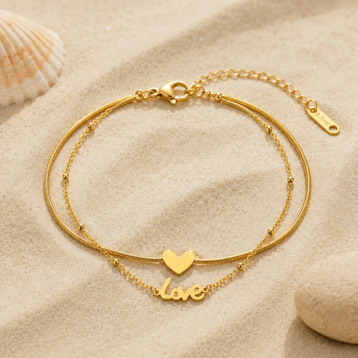 Gold-plated layered heart and love anklet – ACSRY product photo