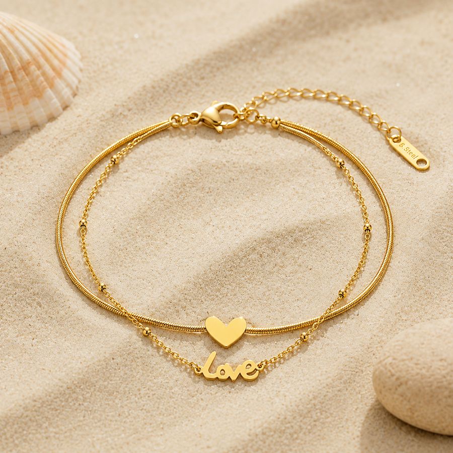 Gold-plated layered heart and love anklet – ACSRY product photo