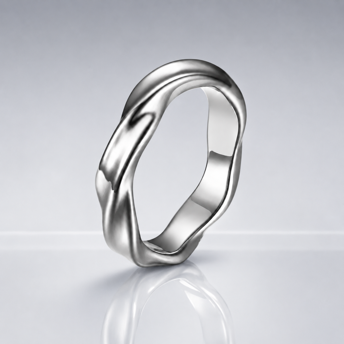 Polished silver-tone rippled stainless steel ring – ACSRY product image 2