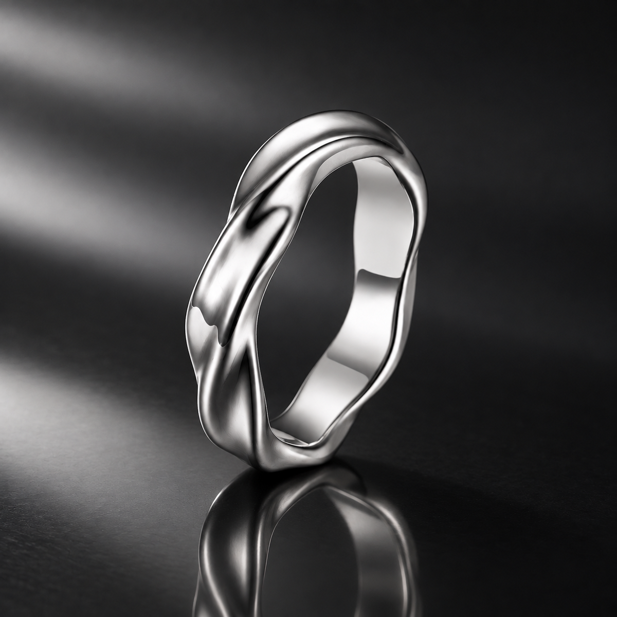 Polished silver-tone rippled stainless steel ring – ACSRY product photo
