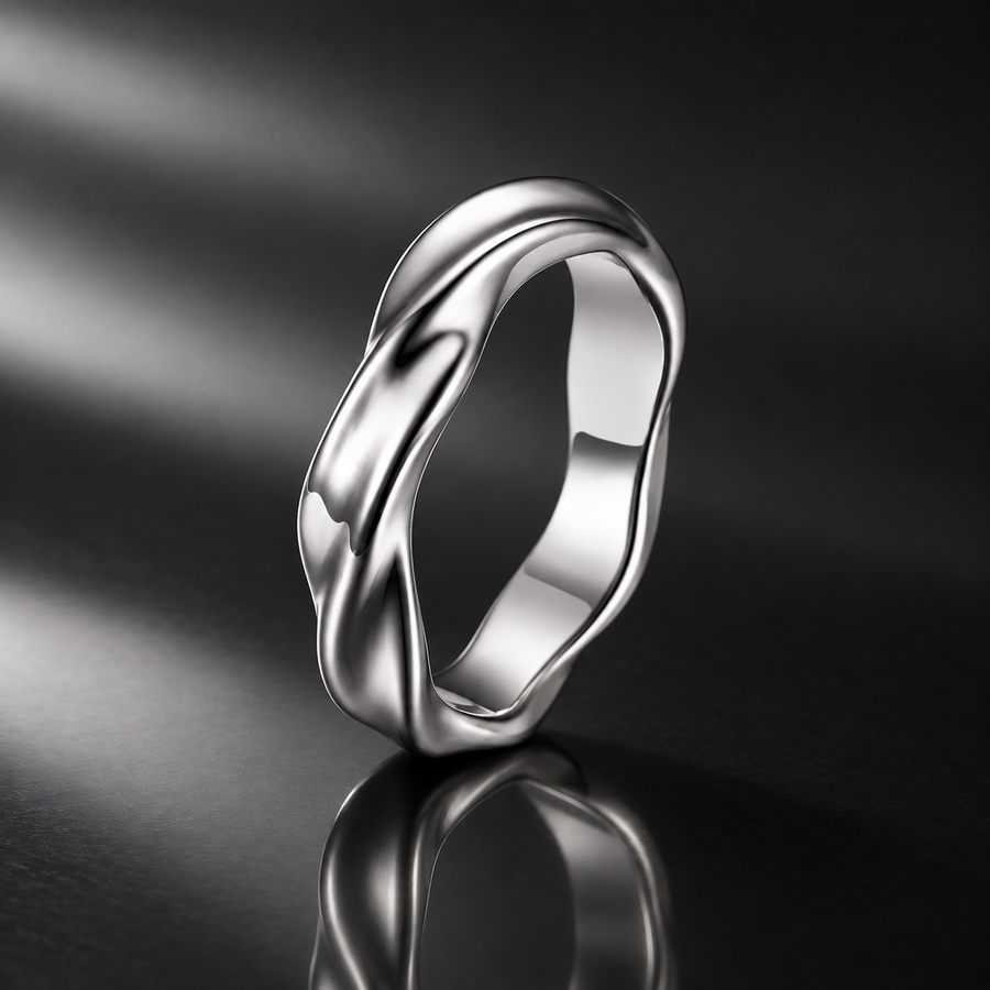 Polished silver-tone rippled stainless steel ring – ACSRY product photo