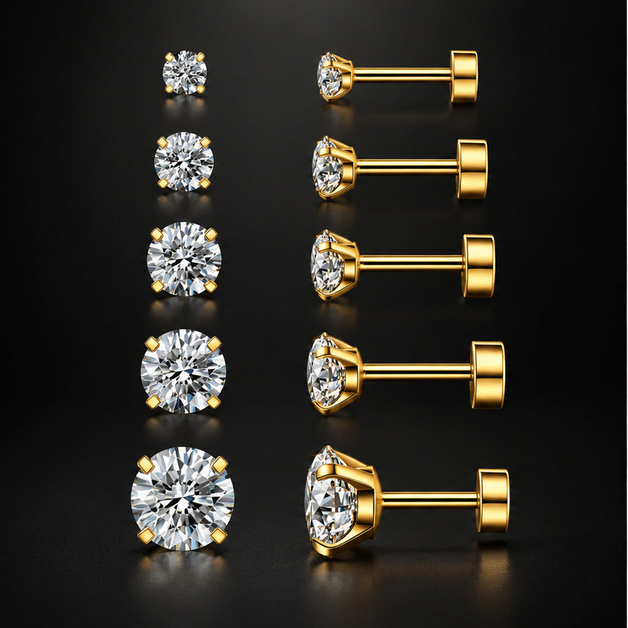 Gold stud earring set showing five included sizes