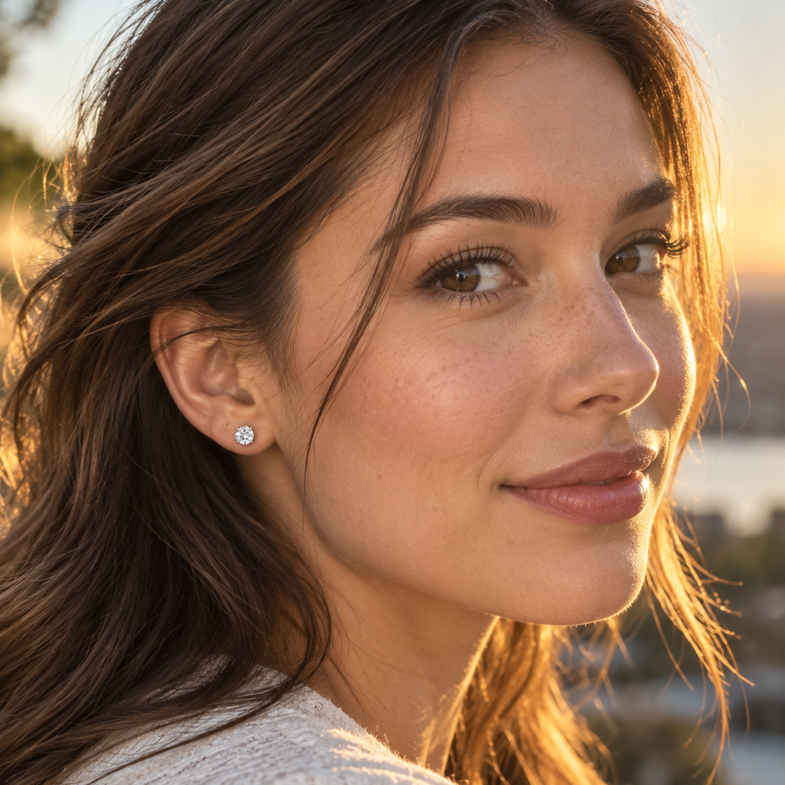 Woman wearing a silver stud earring outdoors
