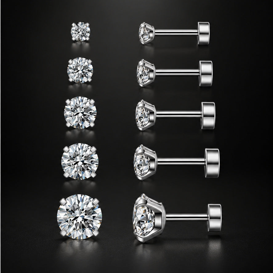Silver stud earring set showing five included sizes