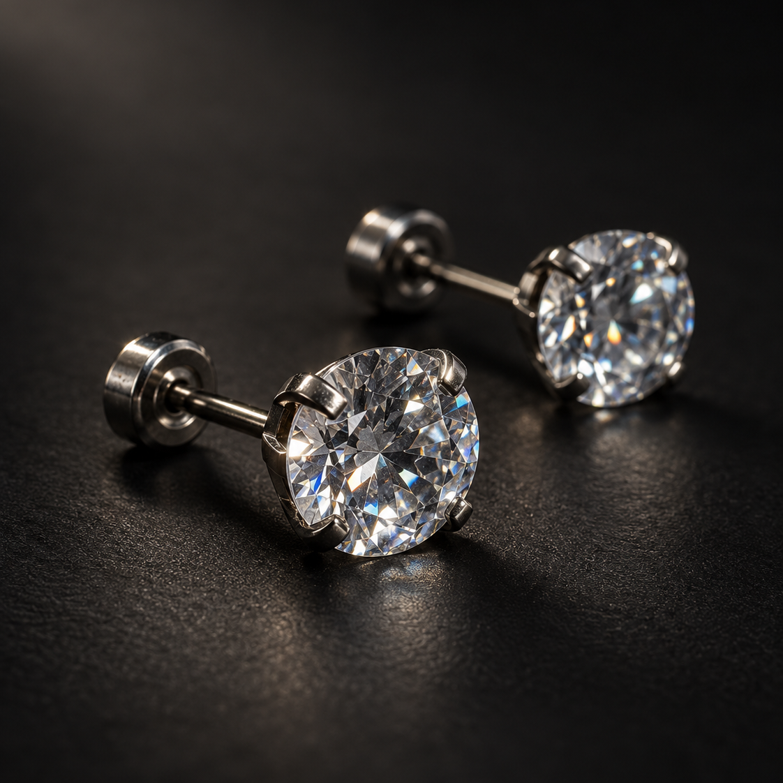 Close-up silver stud earrings on black surface